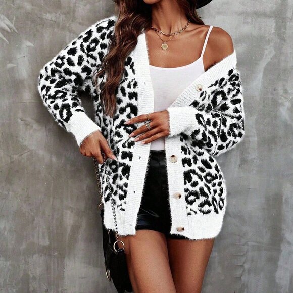 White Casual Women's Leopard Print Long Sleeve Single-Breasted Knit Cardigan - Picture 5 of 6